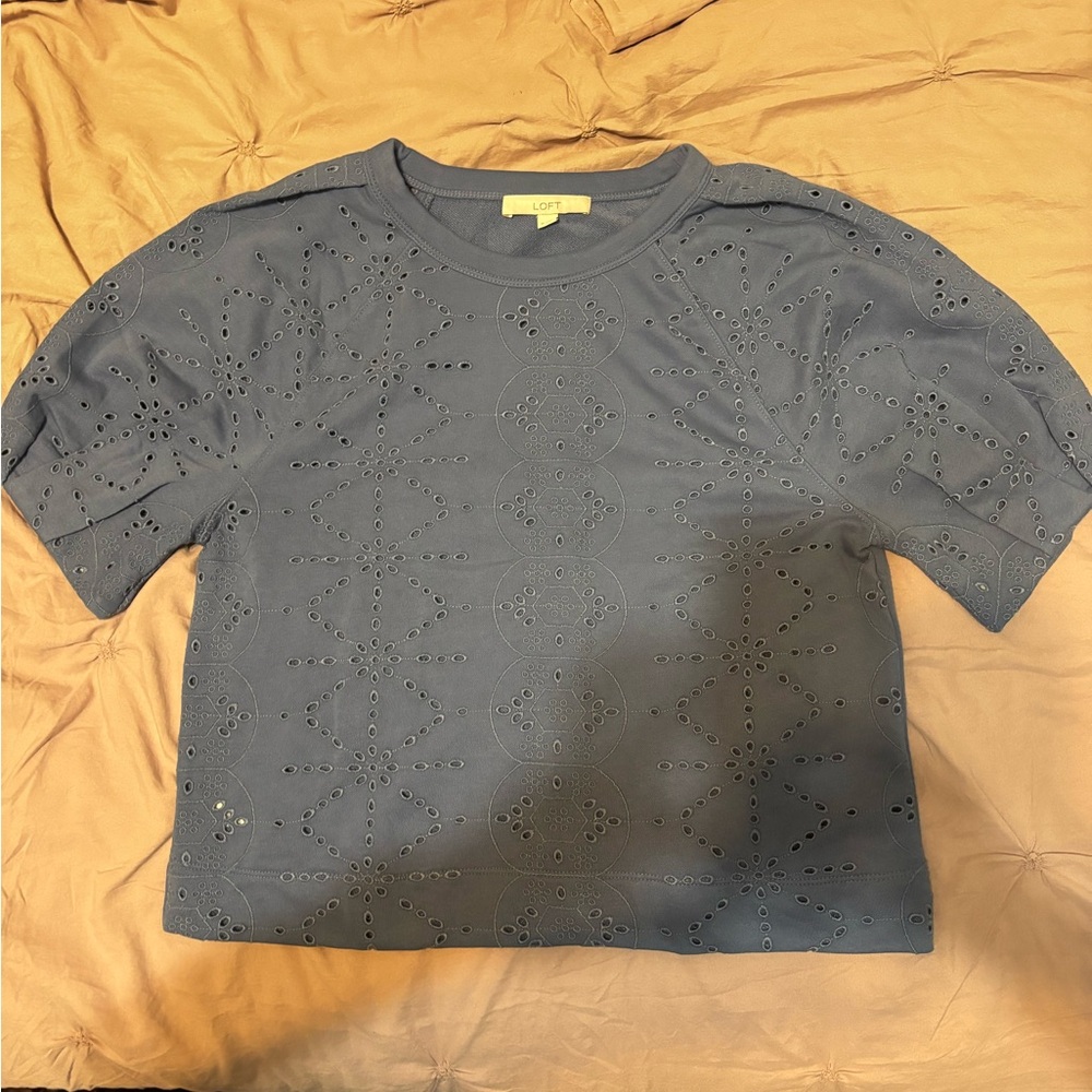 LOFT Slate Blue Eyelet Short Sleeve Tee